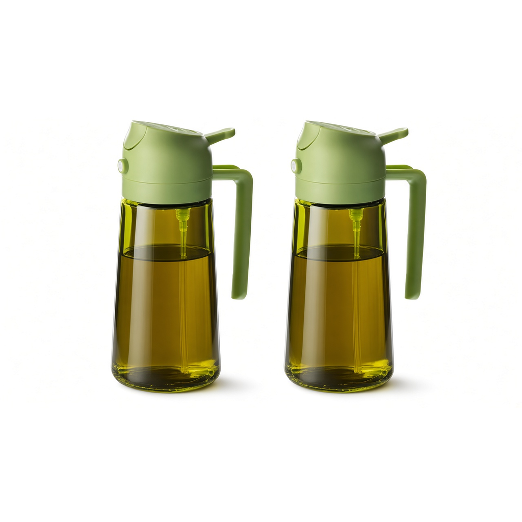 Pack de 2 aceiteras spray de cristal verde de 3 modos: chorrito, spray y vertido, fondo blanco