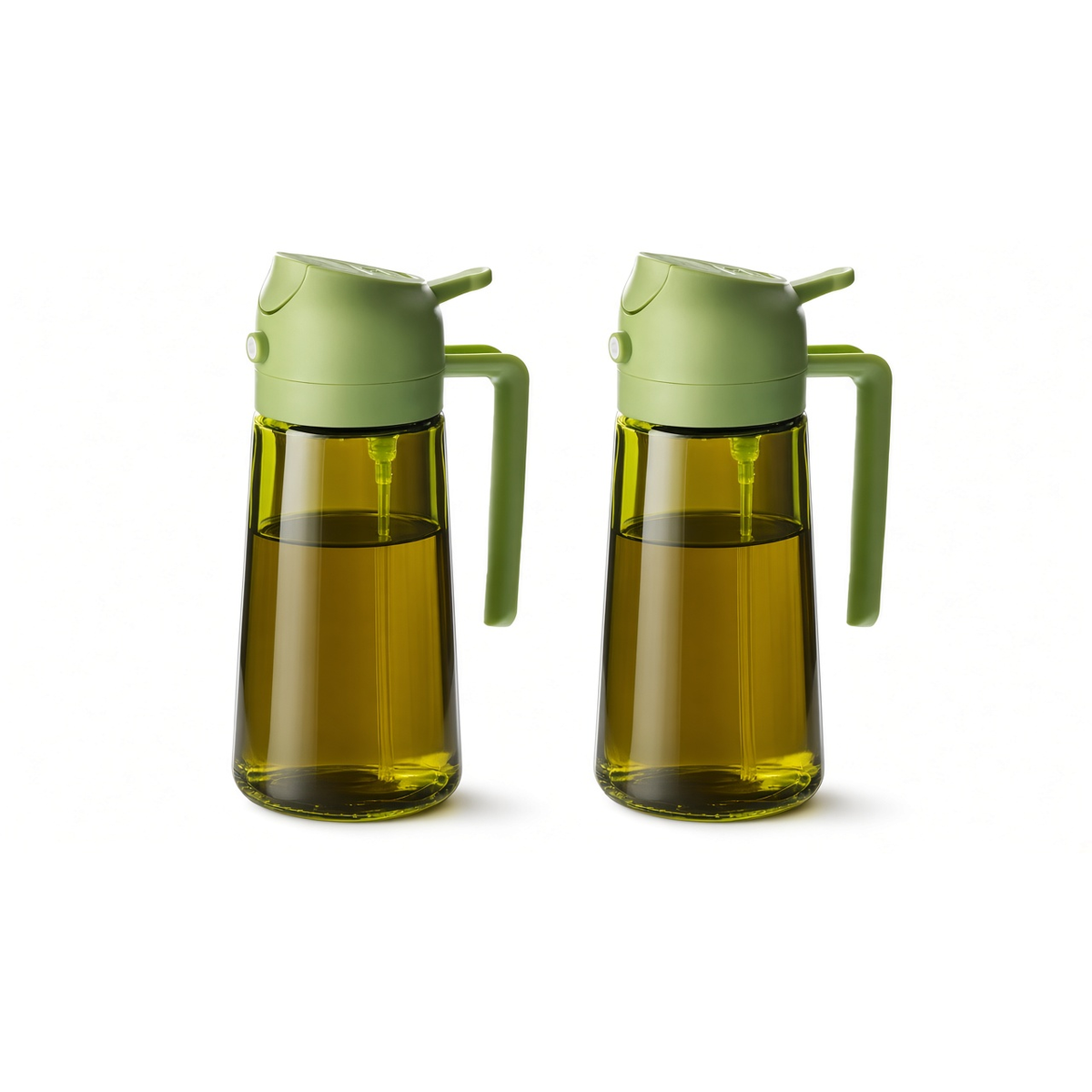Pack de 2 aceiteras spray de cristal verde de 3 modos: chorrito, spray y vertido, fondo blanco