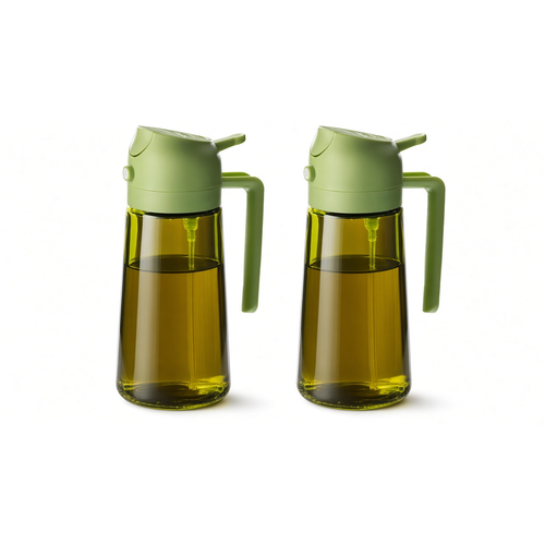 Pack de 2 aceiteras spray de cristal verde de 3 modos: chorrito, spray y vertido, fondo blanco