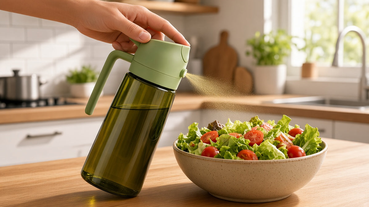 Aceitera spray pulverizando aceite sobre una ensalada
