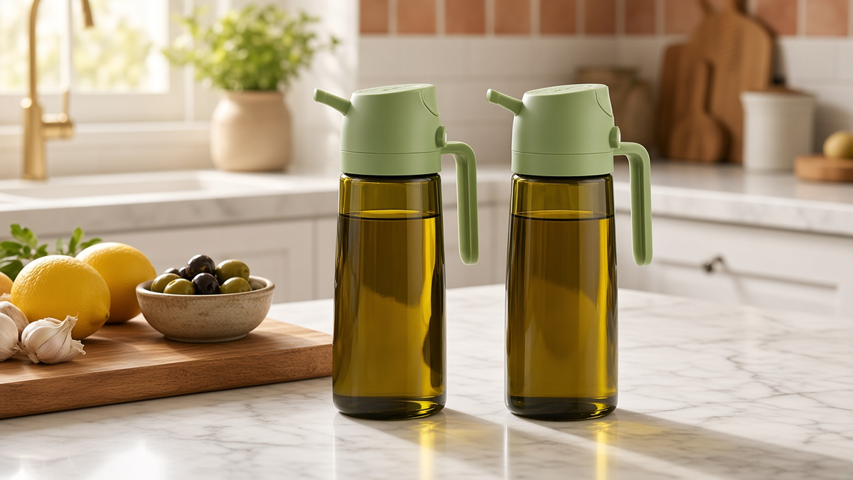 Dos aceiteras de cristal verde en la encimera de la cocina