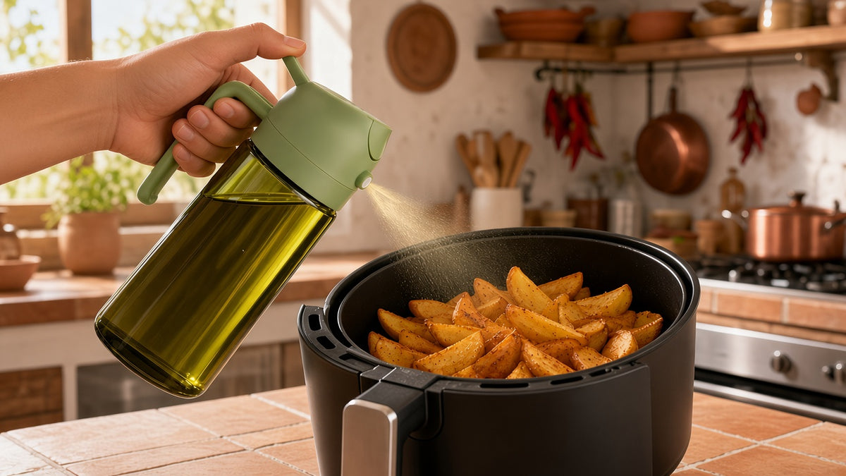 Aceitera spray pulverizando aceite en la freidora de aire