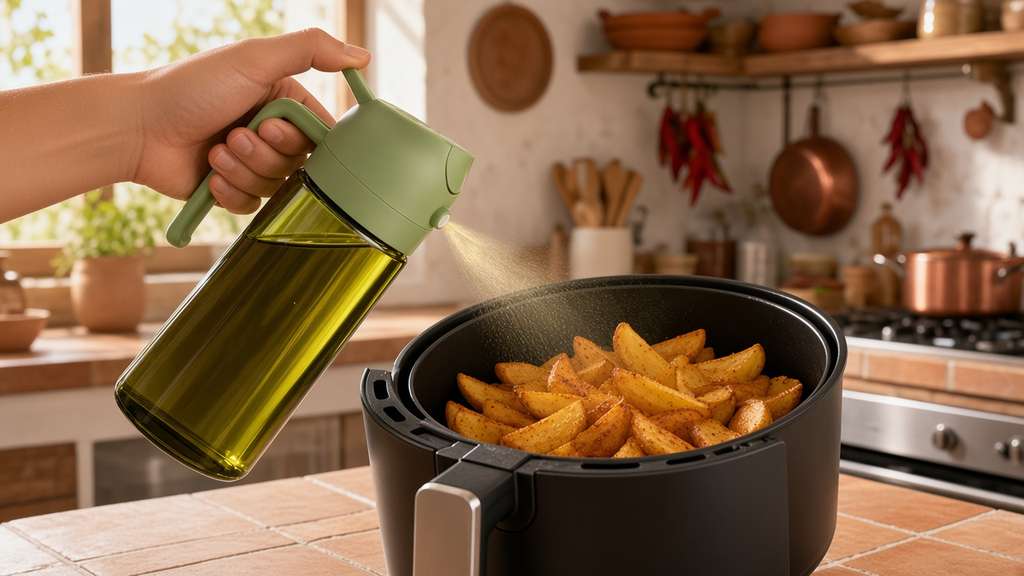 Aceitera spray pulverizando aceite en la freidora de aire