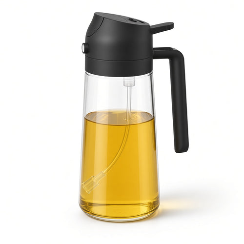 Aceitera spray de cristal 2 en 1 de 470 ml con tapón negro, fondo blanco