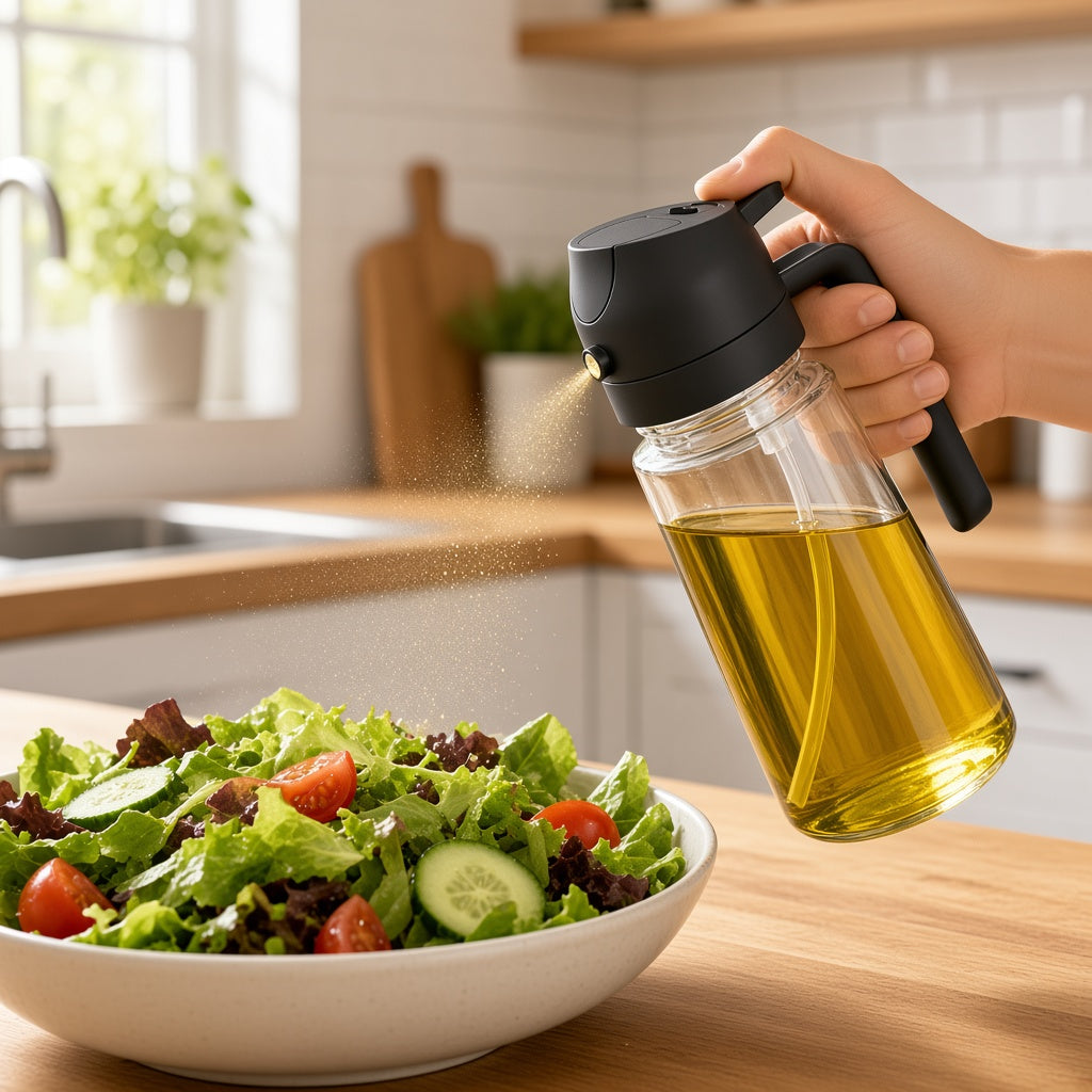Pulverizador de aceite rociando una capa fina sobre una ensalada