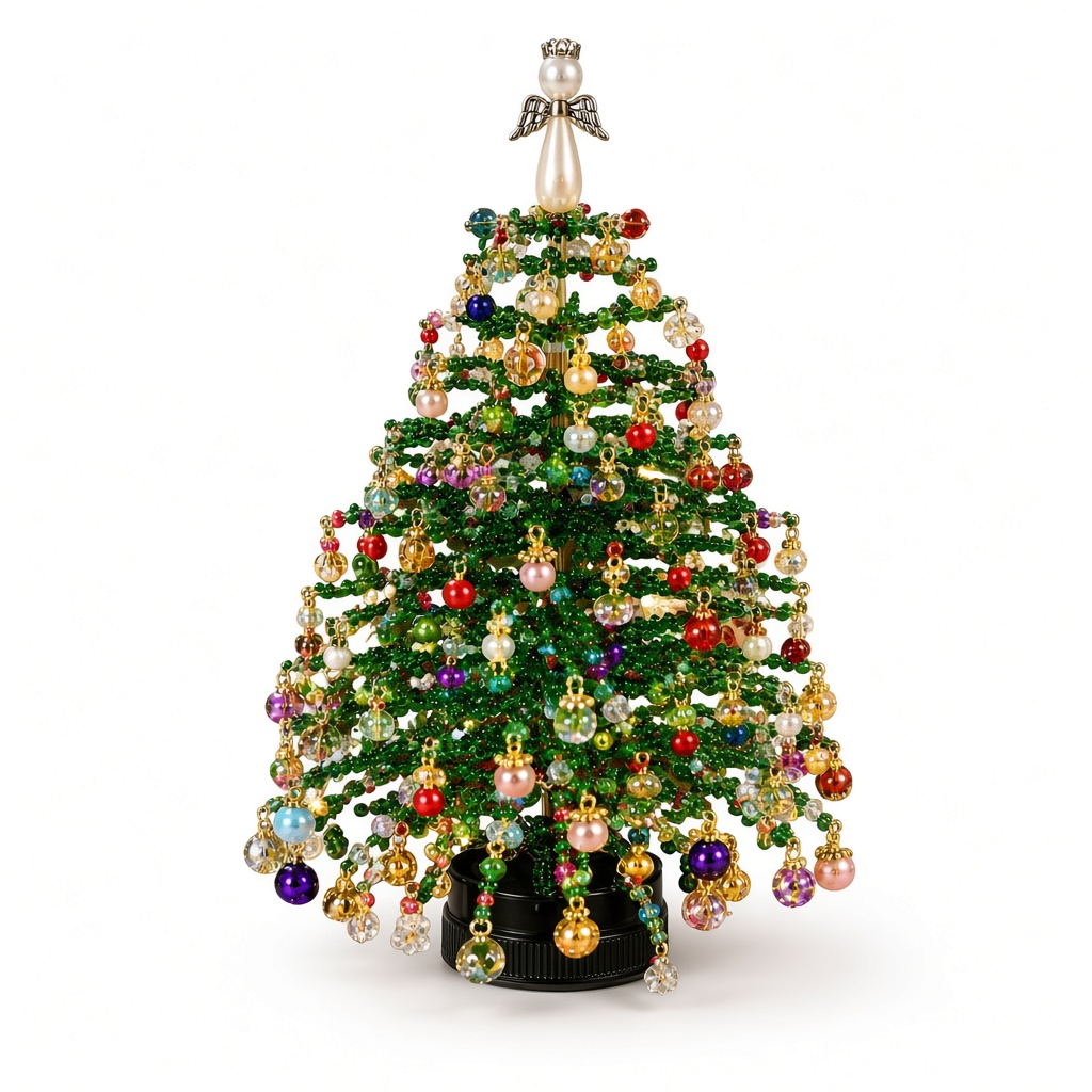 Árbol de Navidad de cuentas montado, con adornos de colores y ángel en la punta, sobre fondo blanco
