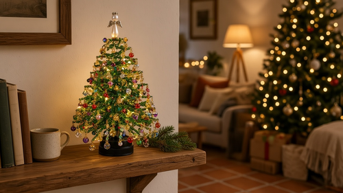 Árbol de cuentas encendido con microluces LED sobre una estantería en un salón decorado por Navidad