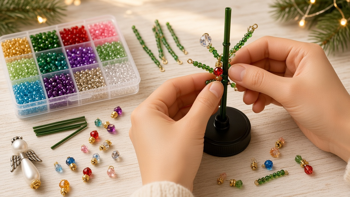 Manos montando las ramas de cuentas del árbol de Navidad junto a la caja de cuentas de colores