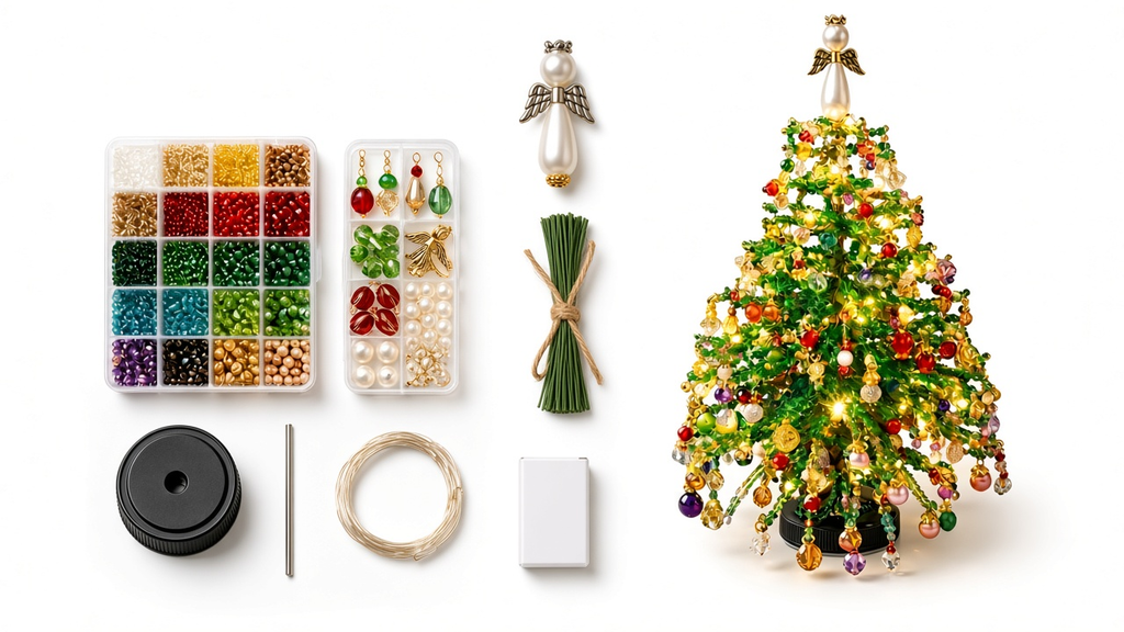 Contenido del kit: cuentas, adornos, ángel, varillas, base, microluces LED y árbol terminado