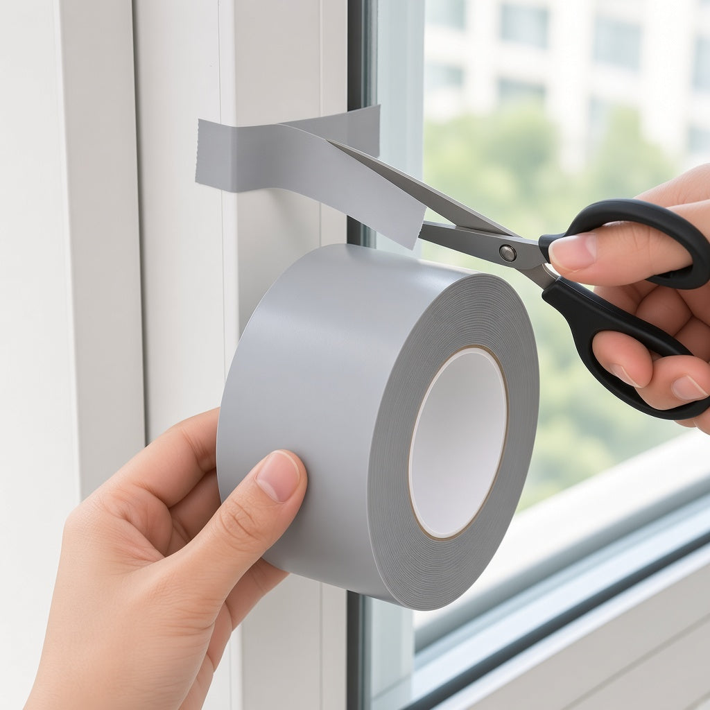 Cortando la cinta aislante para ventanas con tijeras junto al marco