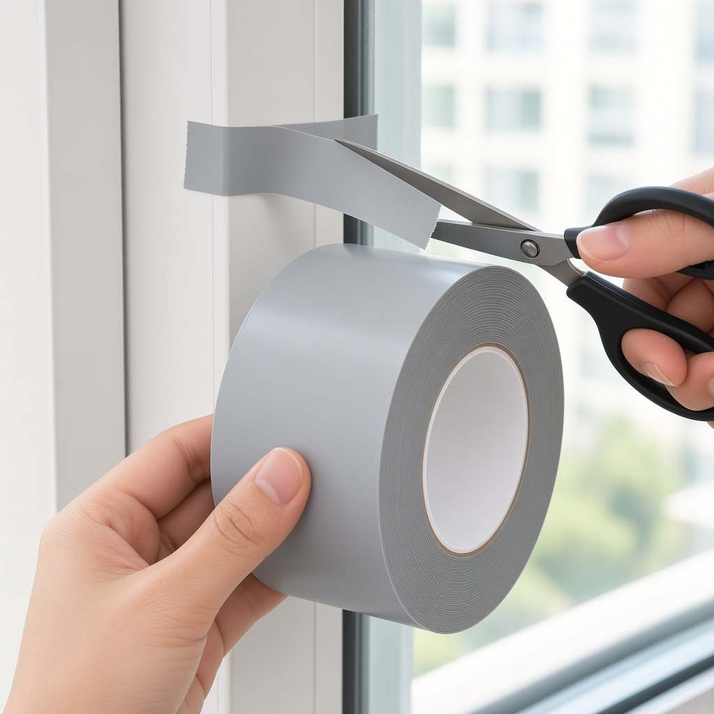 Cortando la cinta selladora gris con tijeras junto al marco de la ventana