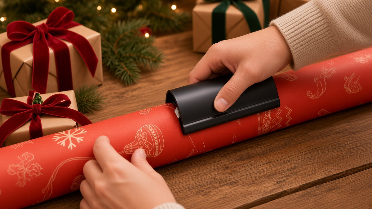 Cortador deslizante negro cortando papel de regalo navideño