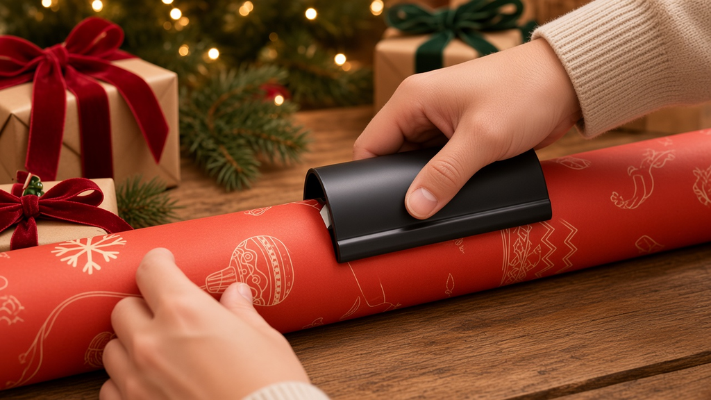 Cortador deslizante negro cortando papel de regalo navideño