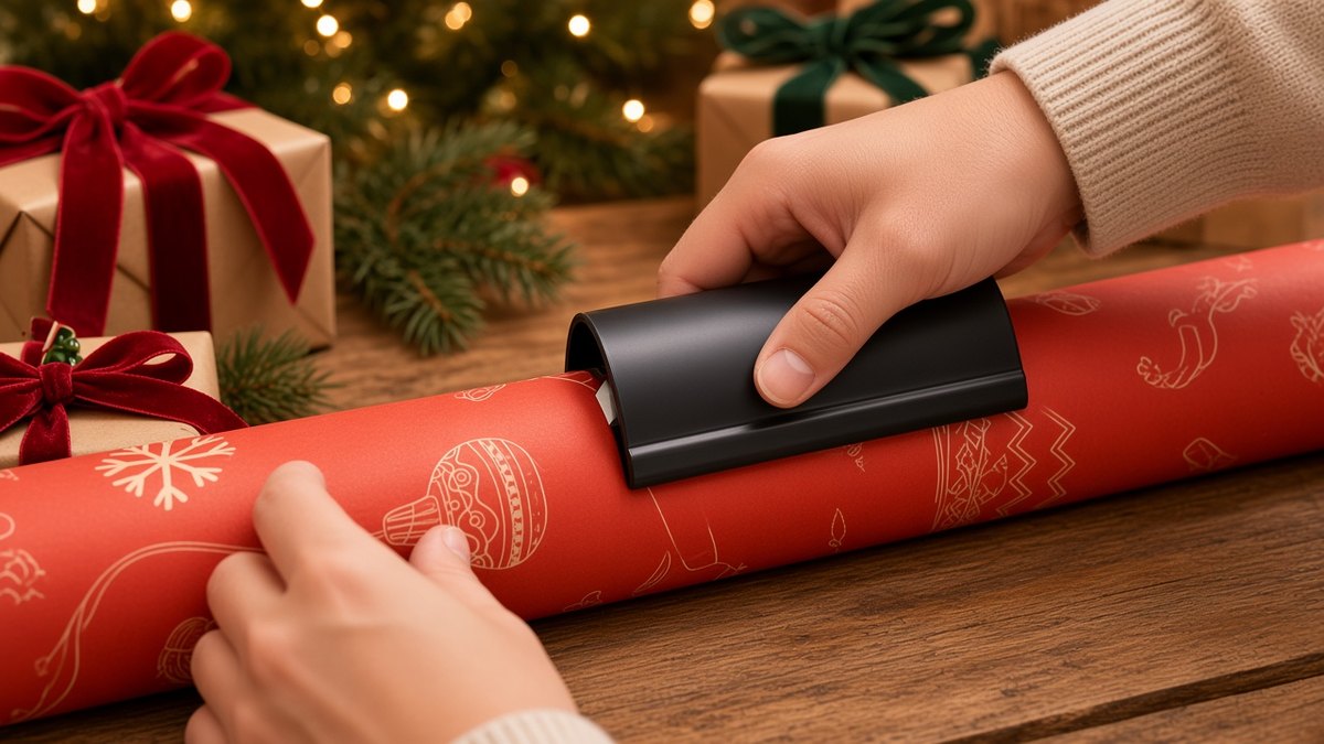 Cortador deslizante negro cortando papel de regalo navideño