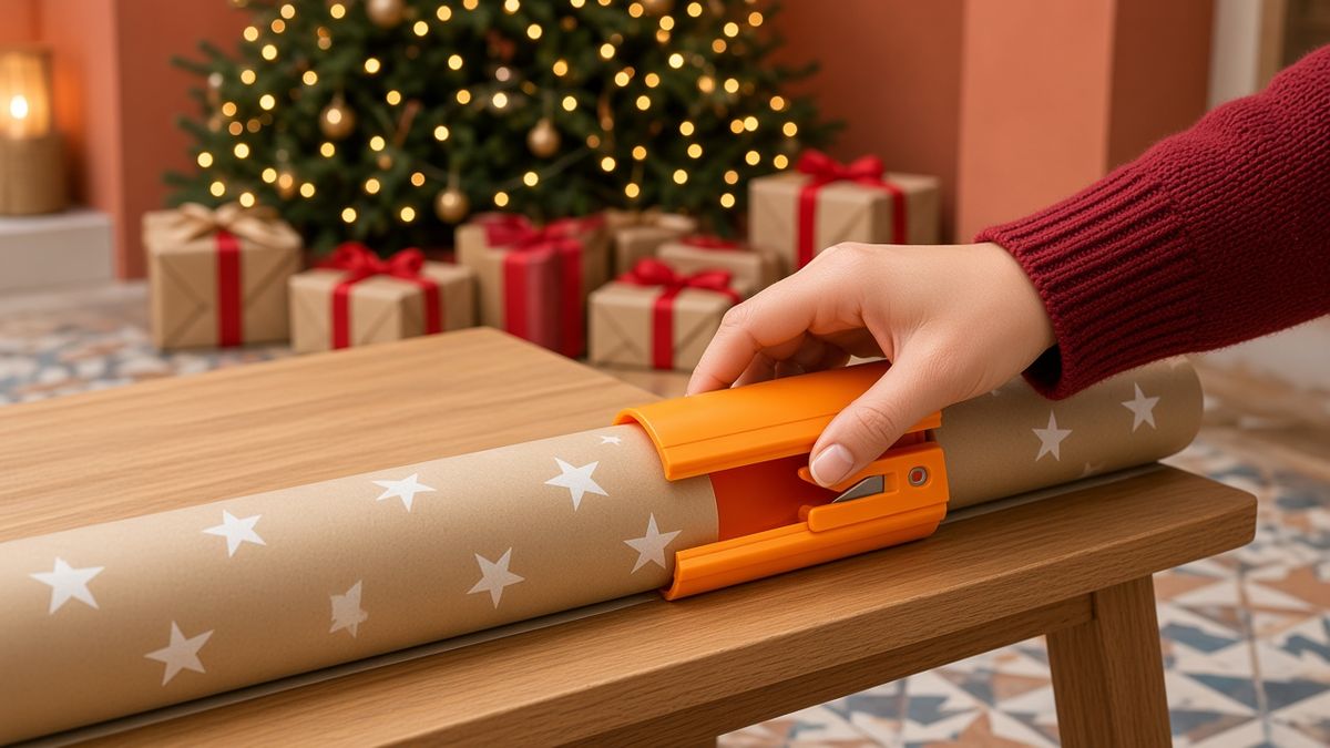 Cortador deslizante naranja cortando papel kraft con estrellas en Navidad