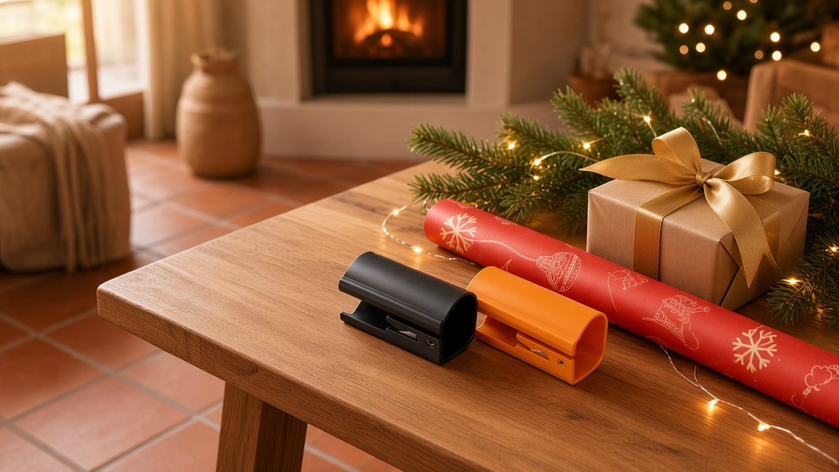 Cortador deslizante de papel de regalo junto a un rollo de papel navideño
