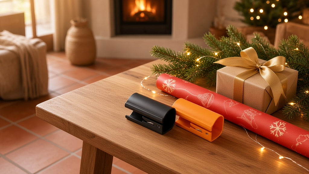 Cortadores de papel de regalo negro y naranja junto a un rollo de papel navideño