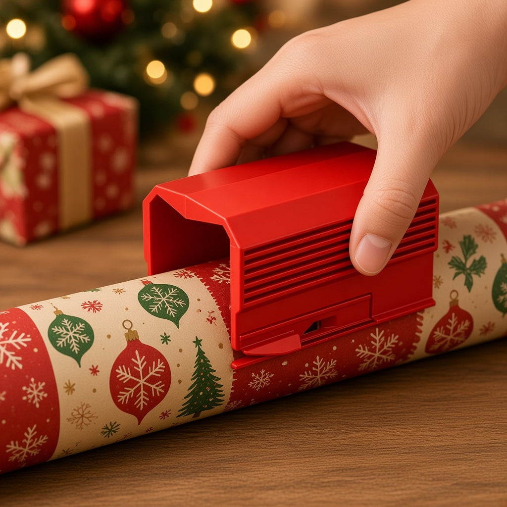 Cortador deslizante cortando en recto papel de regalo navideño