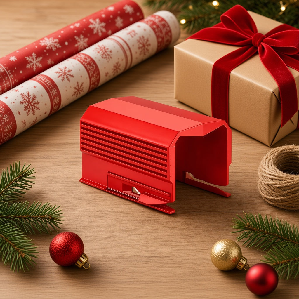 Cortadora de papel de regalo roja junto a un regalo de Navidad envuelto