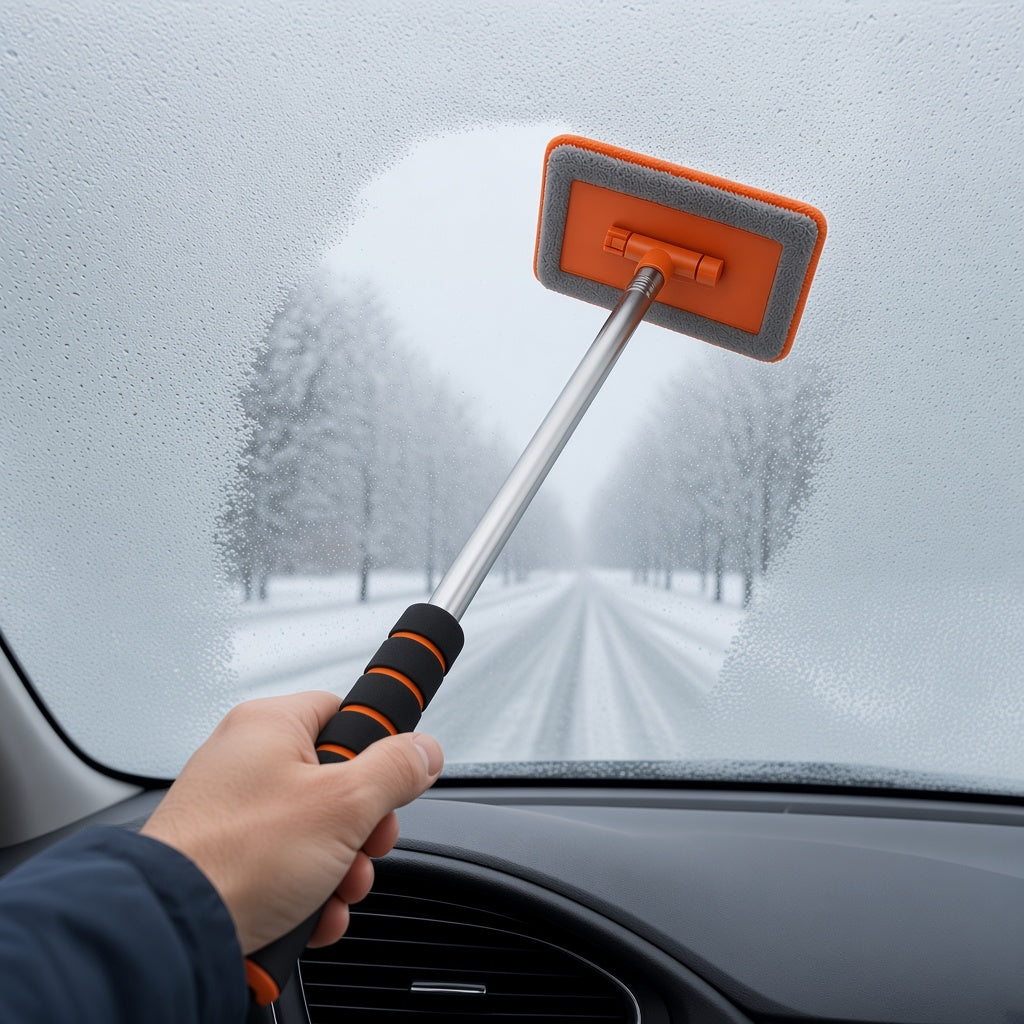 Mano quitando el vaho del interior del parabrisas en una mañana de invierno