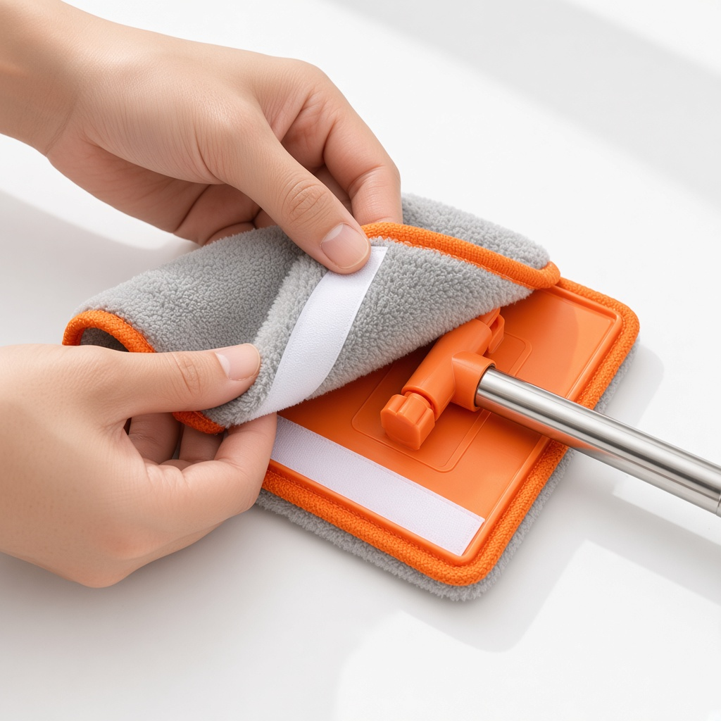 Funda de tela gris con velcro retirándose del cabezal naranja