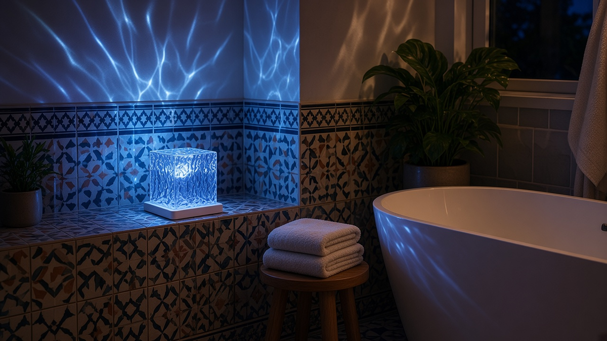 Luz de ducha ondas de agua en una repisa del baño junto a la bañera, luz azul