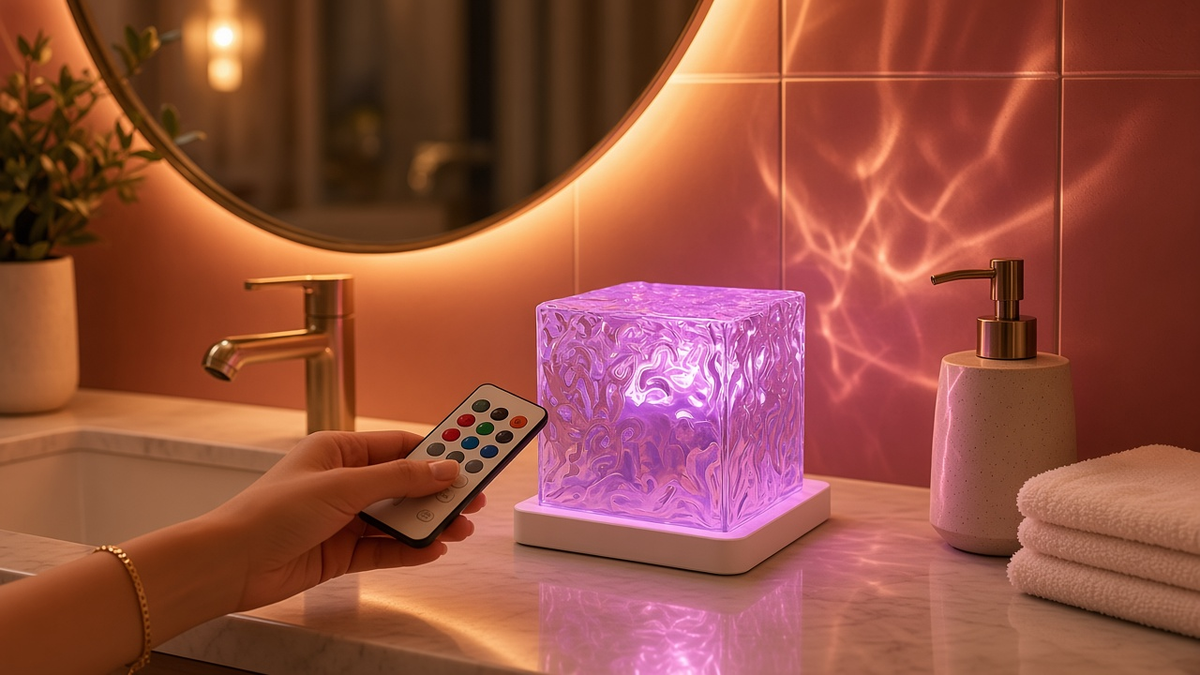 Luz LED ondas de agua en tono rosa sobre el lavabo, manejada con el mando