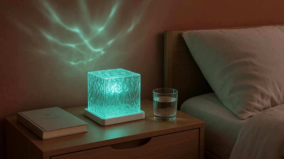 Lámpara cubo ondas de agua en la mesita de noche, luz turquesa