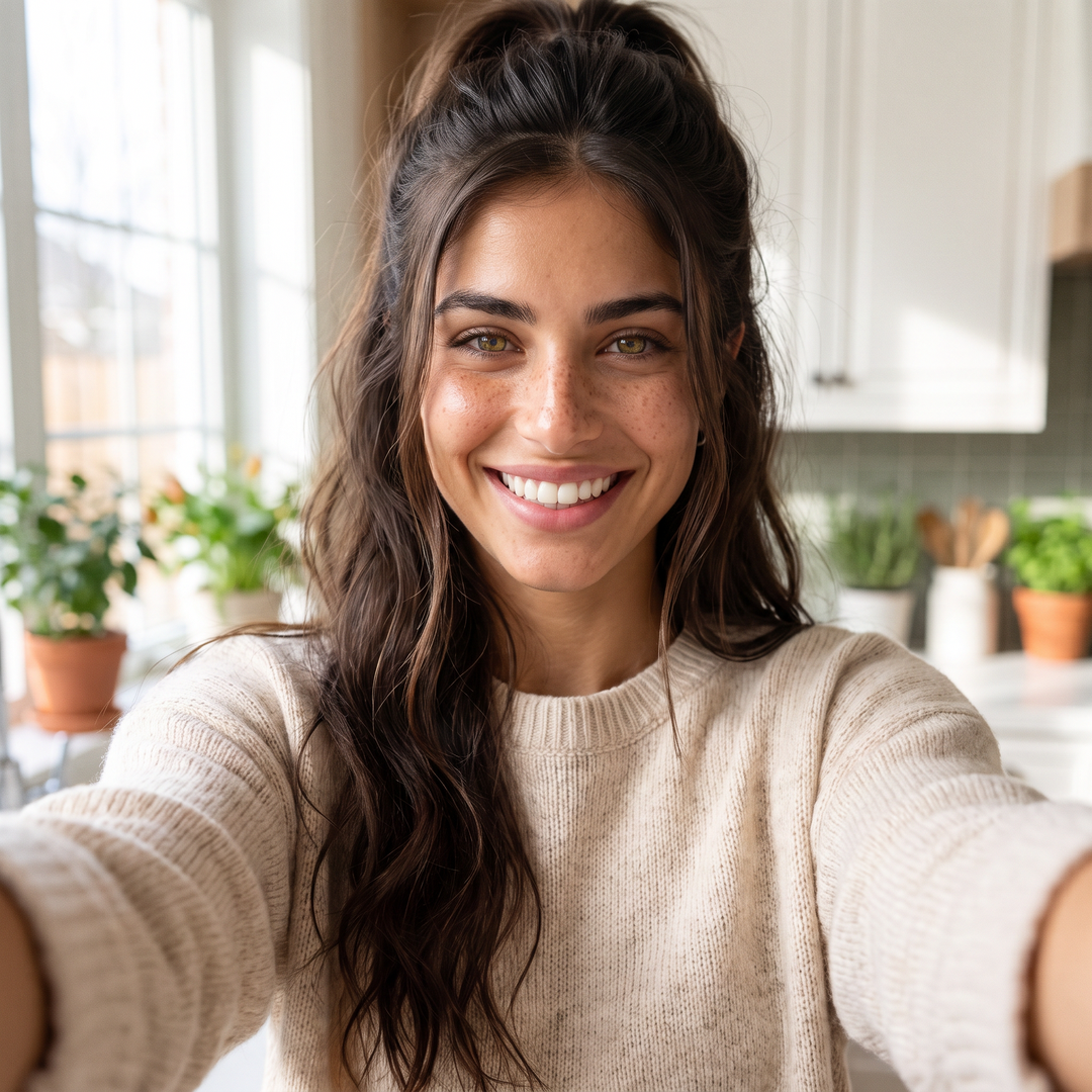 Nara Valenti Carrizo sonriendo en su cocina