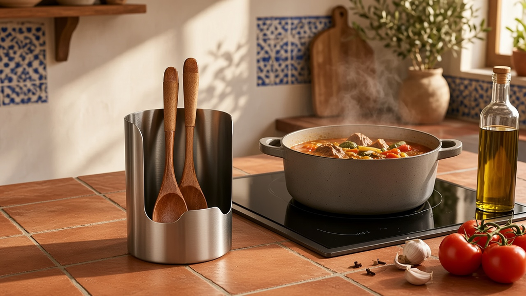 Soporte inox con cucharas de madera junto a una olla en la vitrocerámica