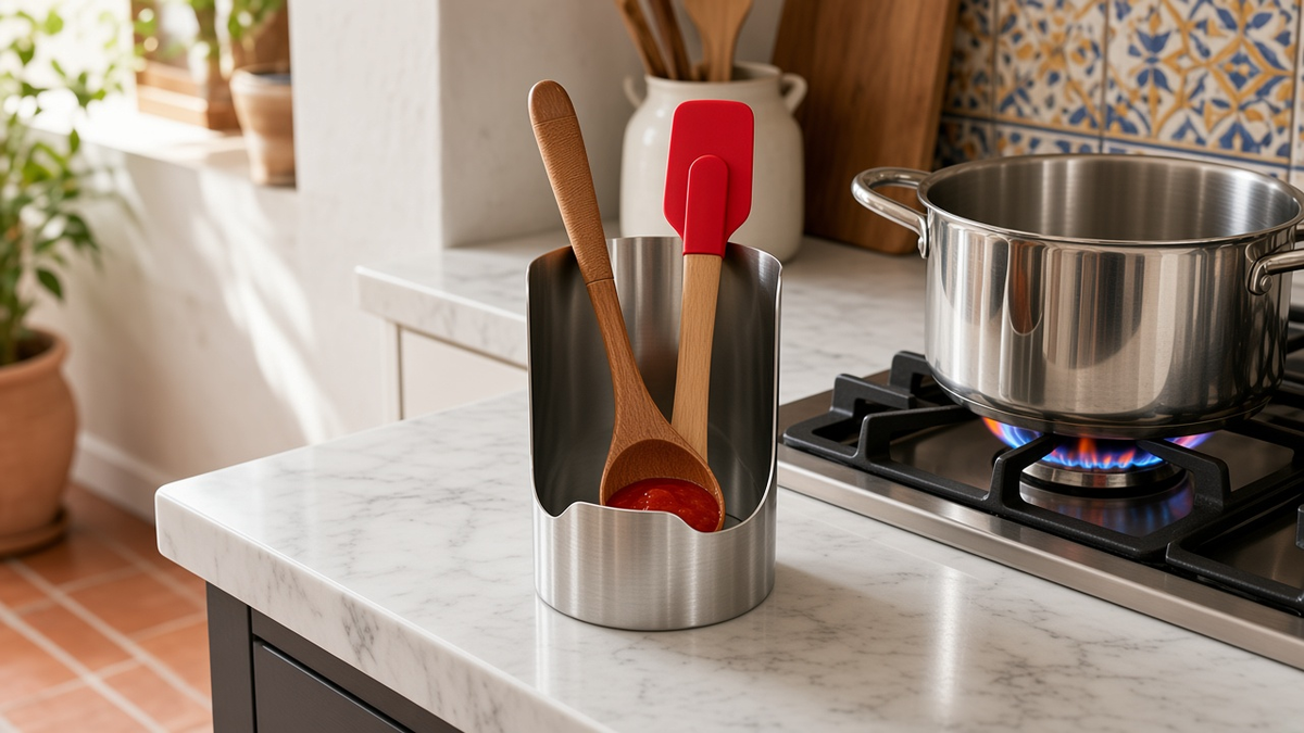 Soporte inox con cucharón y espátula junto a una olla en el fuego